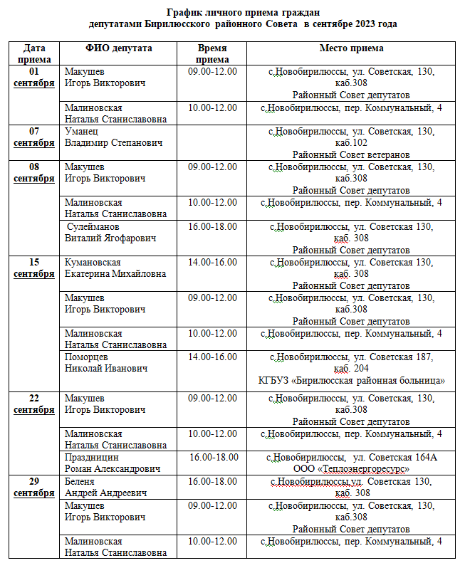 График личного приема граждан депутатами Бирилюсского районного Совета  в сентябре 2023 года.